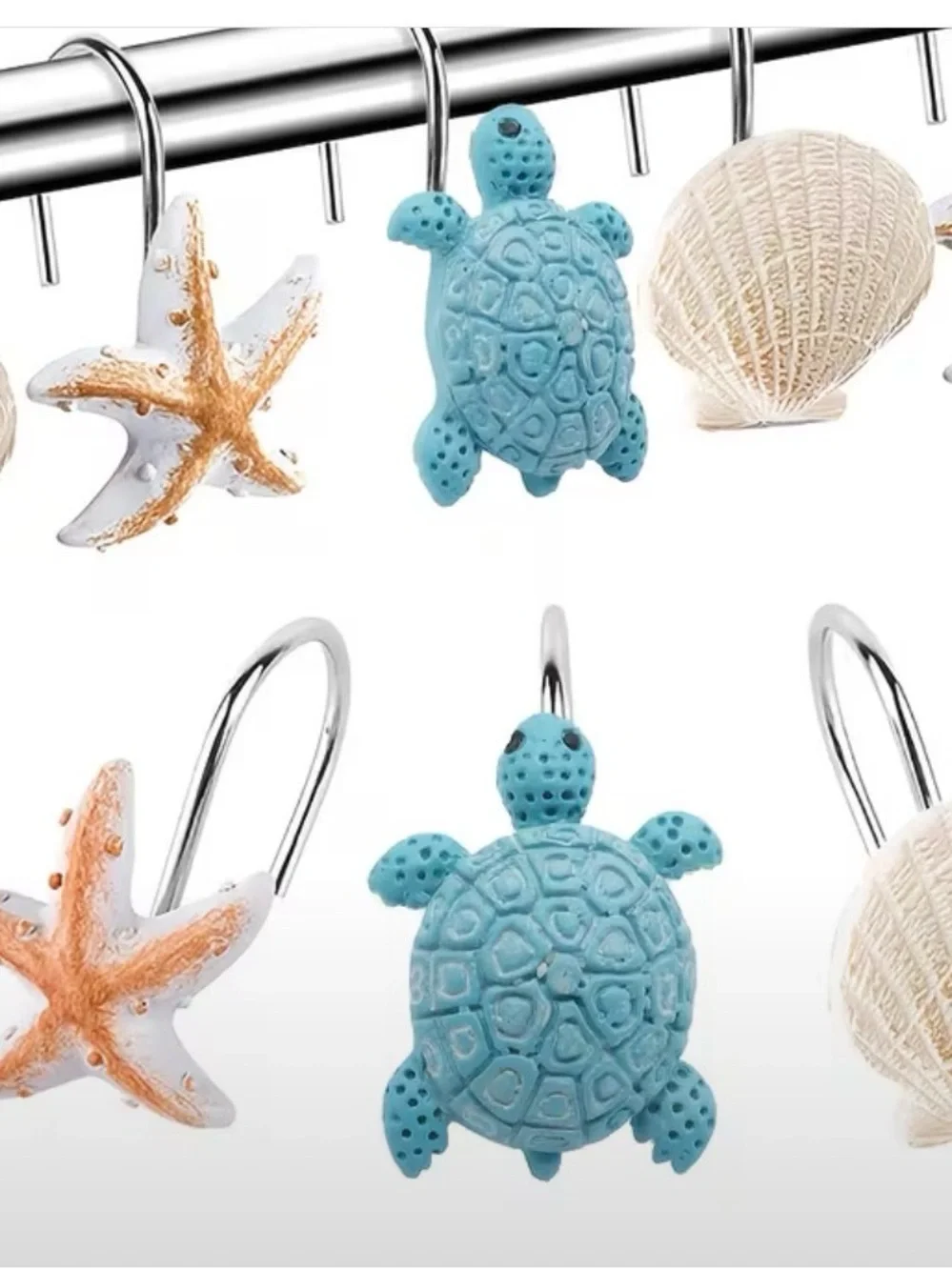 🆕 12 Piece Beach-Themed Shower Curtain Rings - Starfish, Turtle & Shell